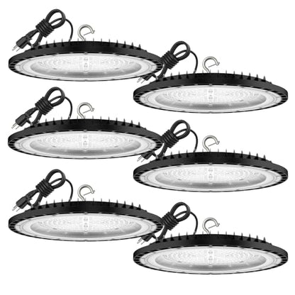 6 Pack UFO 200W LED High Bay Light,5000K,28,000LM, 5 ft Cable with US Plug UL Certified Plug, IP65 Commercial Warehouse Area Light for Wet Location Area, Workshop, Garage - size: 200W 6 Pack