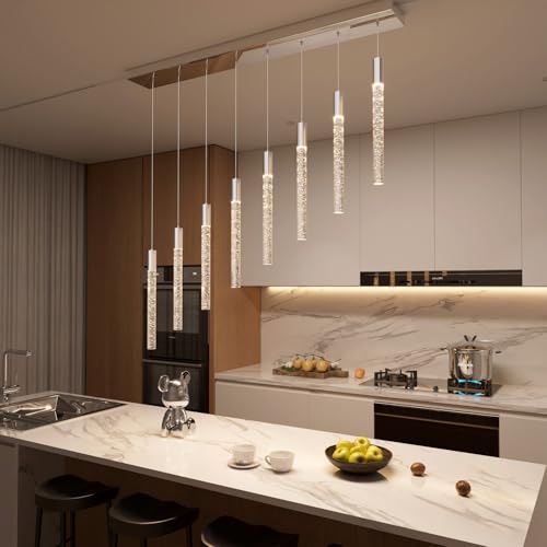 8-Lights Silver Hanging Pendant Light Modern Dimmable LED Crystal Chandeliers Bubble Crystal Pendant Light for Kitchen Island Dining Room Bedroom Living Room Over Table - color: Silver, size: Rectangle 8-Light