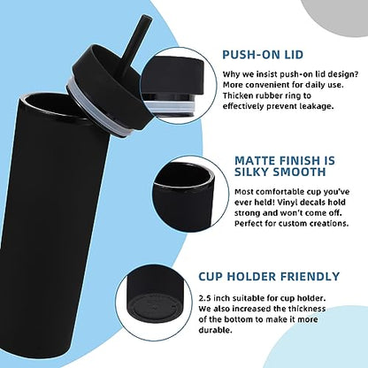 Volhoply 16oz Plastic Skinny Tumbler with Lid and Straw Bulk 4 Pack,Insulated Double Wall BPA Free Matte Acrylic Tumblers,Iced Coffee Travel Mug Reusable Party Cup,Customizable Diy Gifts(Black,4 Set) - color: Black