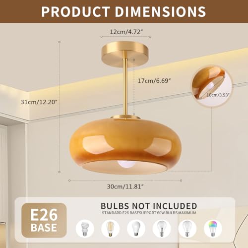 Gold Brass Semi Flush Mount Ceiling Light Orange Glass Ceiling Lamp - color: Orange-2