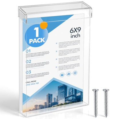 Thyle 1 Pcs 6 x 9 Inch Outdoor Brochure Holder with Lid Acrylic Wall Mount Literature Box with Self Closing Lid Waterproof Clear Heavy Duty with Screws for Flyer Document Pamphlet Display (Clear) - color: Clear