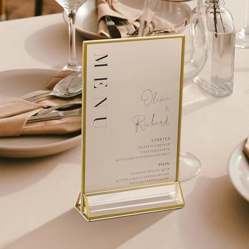 UNIQOOO Acrylic Sign Holders with Golden Border, Portrait View, Pack of 12 | 5x7 Double Sided Clear Frame, Perfect for Wedding reception, Centerpiece, Decoration, Party,Anniversary, Event - size: 5x7",12Pack