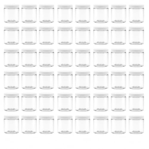 48 Pack - 8 oz (1 Cup) Plastic Storage Jars with 70-400 Leak Proof White Lid, Food Grade, BPA Free, Hand Wash Only (8oz, 48pk) - size: 8oz, 48PK White