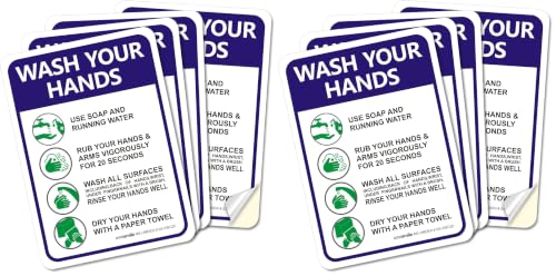 Please Wash Your Hands Sign Stickers, 8 Pack 7x10 Inch 4 Mil Self-Adhesive Vinyl, Weatherproof and UV Protected, Indoor & Outdoor, Employees Hand Washing Sign - size: 10x7 inches (Pack of 2)