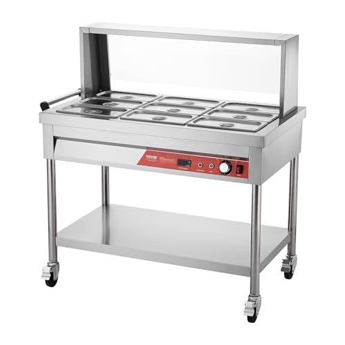 VEVOR 9-Pan Commercial Food Warmer, 9 x 1/3 Pans Electric Steam Table, 1500W Professional Buffet Catering Food Warmer with Shield Undershelf Wheels, Stainless Steel Server for Party Restaurant - size: 9-Pan