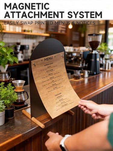 Tabletop Menu Board, A4 Magnetic Metal Sign with Wood Base for Counters - size: A4 Vertical (17 × 9.5 in)