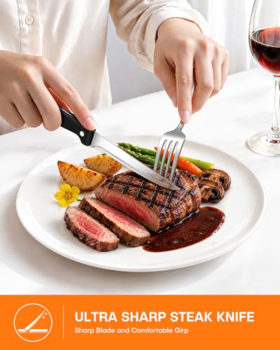 EUIRIO 24 Piece Silverware Set with Steak Knives Food Grade Stainless Steel Flatware Set for 4 Cutlery Utensil Set Mirror Polished Dishwasher Safe for Home Restaurant - color: Silver