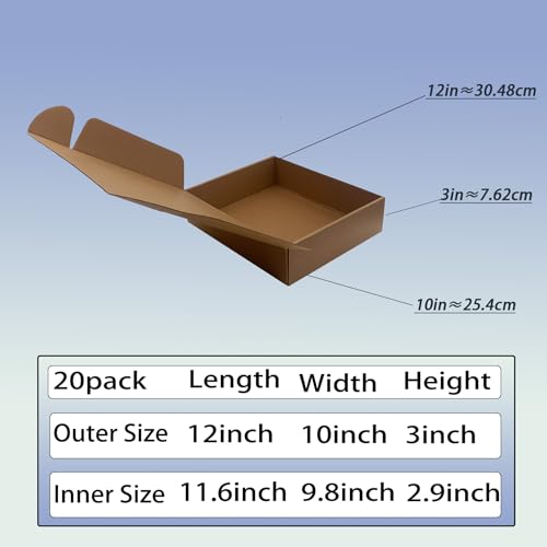 12x10x3 inch Shipping Boxes Pack of 20, Brown Corrugated Cardboard Mailers - size: 12x10x3 -20 Pack