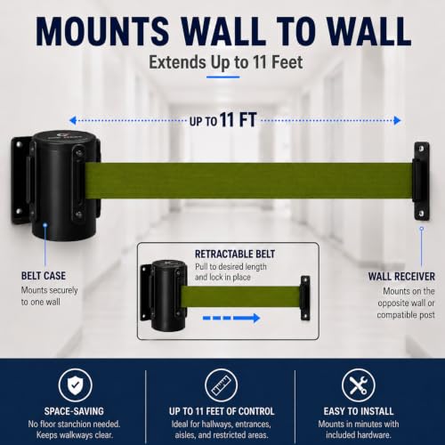 Crowd Control Warehouse Fixed Wall Mount Retractable Belt Barrier, 11-Foot - color: Olive, size: Solid Color