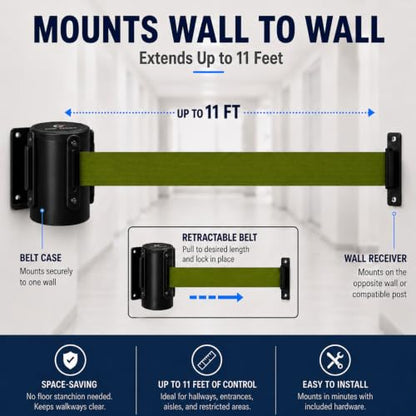 Crowd Control Warehouse Fixed Wall Mount Retractable Belt Barrier, 11-Foot - color: Olive, size: Solid Color