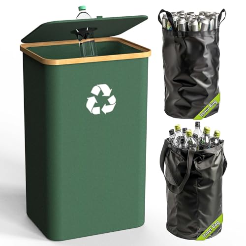 Recycling Bin for Kitchen Indoor Home, Large 100L/ 26 Gallon Recycle Bin with Lid Removeable Reusable Inner Bag Bottle Can Glass Waste Plastice Stickers (Green, 26 Gallon) - size: Green-26Gallon