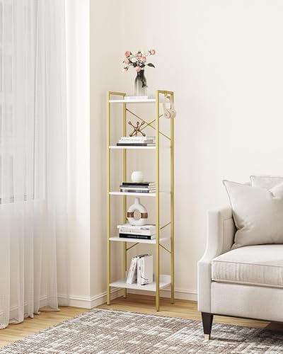 Hzuaneri Bookshelf, Book Shelf, Industrial Bookcase with 2 Hooks - color: White Gold, size: 9.4"D x 15.7"W x 63"H