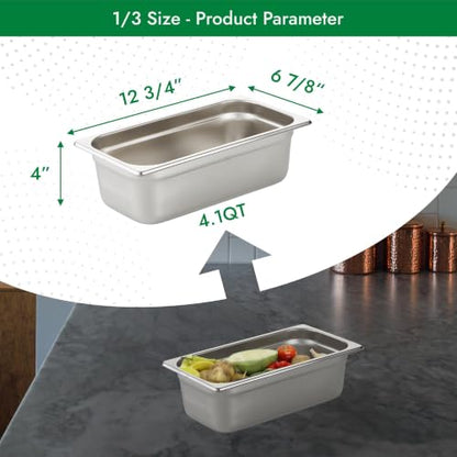 HECMAC 6 Pack Anti-Jam Hotel Pans, 1/3 Size 4 Inch Deep, Commercial Stainless Steel Chafing Steam Table Pan, Catering Storage Metal Food Pan, 23 Gauge - size: 1/3 Size, 4" Deep