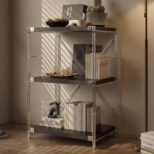 3-Tier Industrial Bookshelf, Wood and Metal Shelf Unit, Storage Bookcase - color: Black, size: 3T24IN