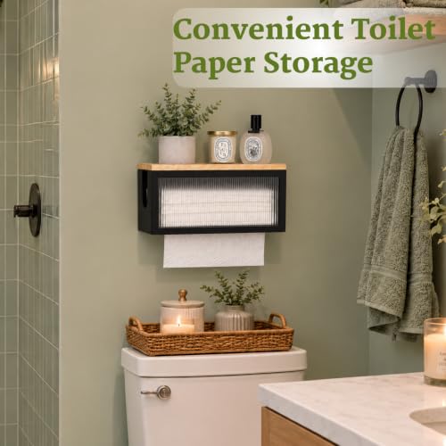 Wooden Paper Towel Holder with Lid & Acrylic Window Wall Mounted - color: Black Acrylic