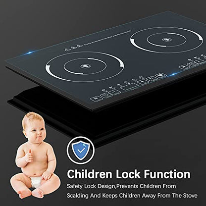 24 Inch 2 Burner Electric Cooktop, 110V Portable Ceramic Electric Stove, 2200W Adjustable Countertop Electric Hot Plate, Dual Burner Electric Cooker for Home Cooking(2 Burner Countertop round)