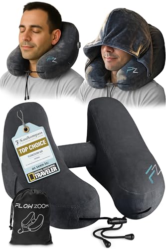 FLOWZOOM Air Inflatable Neck Pillow for Traveling on Plane - H-Shape Hooded Airplane Pillow with 5 Snooze Modes, Fast Inflation, Pressure Control, Cozy Clip-On Hood & Plushy Cover - Size L, Jet Black - color: Jet Black