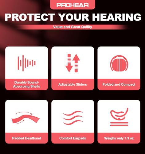 PROHEAR 038 Ear Protection Safety Earmuffs for Mowing, 28dB Noise Reduction Passive Hearing Protector, Compact Foldable Headset for Shooting Construction Power Tools, Red - color: Red
