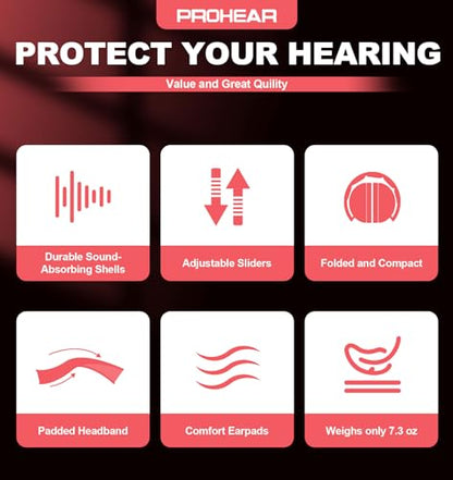 PROHEAR 038 Ear Protection Safety Earmuffs for Mowing, 28dB Noise Reduction Passive Hearing Protector, Compact Foldable Headset for Shooting Construction Power Tools, Red - color: Red