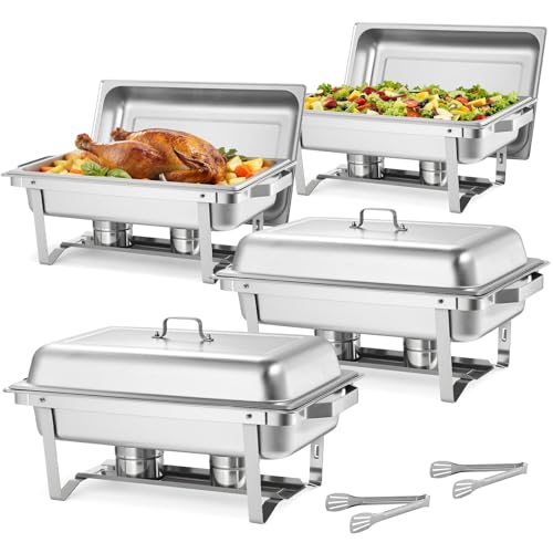 VEVOR Rectangle Chafing Dishes, 9 Qt 4 Pack Stainless Steel Chafing Dish, Food Warmer Chafer Complete Set with Hollow Handle, 2 Food Tongs, Lid, Canister Holder, Chafer Dishes for Banquet Wedding - size: 4 PACKS