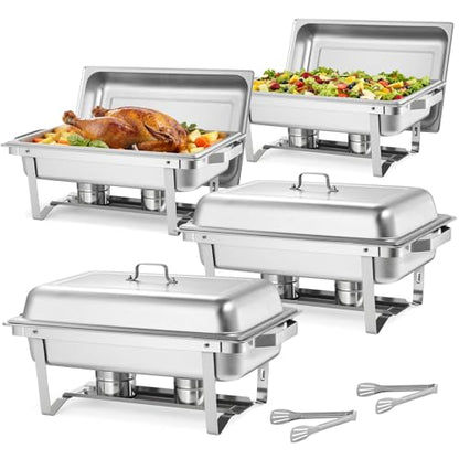 VEVOR Rectangle Chafing Dishes, 9 Qt 4 Pack Stainless Steel Chafing Dish, Food Warmer Chafer Complete Set with Hollow Handle, 2 Food Tongs, Lid, Canister Holder, Chafer Dishes for Banquet Wedding - size: 4 PACKS
