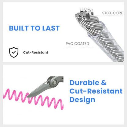Security Cable Lock 2 Pack, 5FT Self-Coiling Stainless Steel Double Loop Cable, Flexible Anti-Theft Wire for Luggage, Bike, Helmet & Travel Gear (Pink) - color: Pink