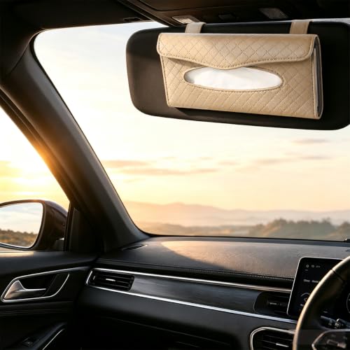 Car Visor Tissue Holder, Clip-on, Large Opening, PU Leather, Khaki - color: Khaki