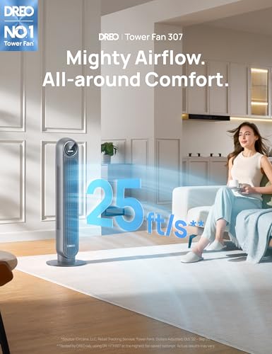 DREO Tower Fan for Bedroom, 25ft/s Velocity, 28dB Ultra Quiet, 4 Speeds - color: Grey, size: 36 inch