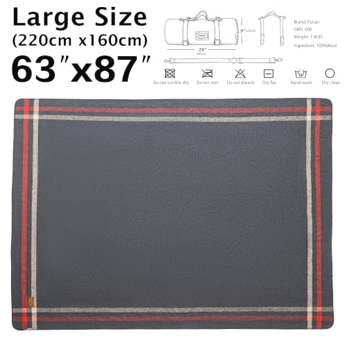 PuTian 100% Wool Blanket - Camping Outdoor Blanket, Plaid Dark Gray - color: Plaid Pattern Dark Gray, size: 63" × 87"