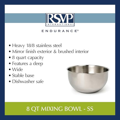 RSVP International Endurance Stainless Steel Mixing Bowls, 8 Quart - size: 8 Quart