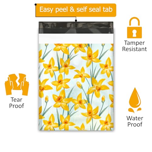 10x13 (100) Daffodil Floral Summer Designer Poly Mailers Waterproof Self Sealing Tear Resistant Polymailers Shipping Envelopes Premium Printed Bags For Small Businesses - color: Daffodils, size: 10x13 inches