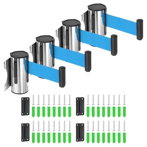 MECCANIXITY Wall Mount Retractable Belt Barrier 6.56ft Crowd Control Belts - color: Silver/Light Blue, size: 6.56 ft