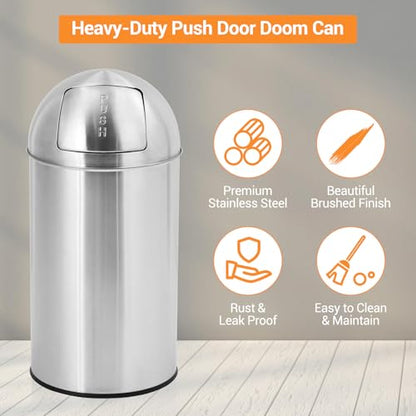 Heavy Duty Stainless Steel Tall Trash Can with Push Lid – Commercial Outdoor Garbage Bin – Fingerprint-Proof, Removable Inner Metal Bucket – Ideal for Public Spaces – 13 Gallon (50L) – - size: Medium