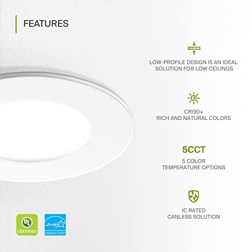 ASD 6 Pack 3 Inch LED Recessed Light 6W, 5 CCT 2700K-5000K CRI90+, IC Rated Ultra Thin Dimmable Ceiling Lights with J Box, Canless Wafer Downlight, Round Slim Panel Lighting, UL Energy Star, White - color: White, size: 3 Inch 6 Pack