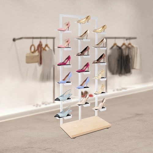 Commercial Clothing Store Shoe Rack Retail Store Shoe Display Shelf Free Standing Shoes Shelf Single Sided Shoes Racks 18 Compartments 24.25lbs Load Capacity (31.5 * 59.06in, White, Wood) - color: White, Wood