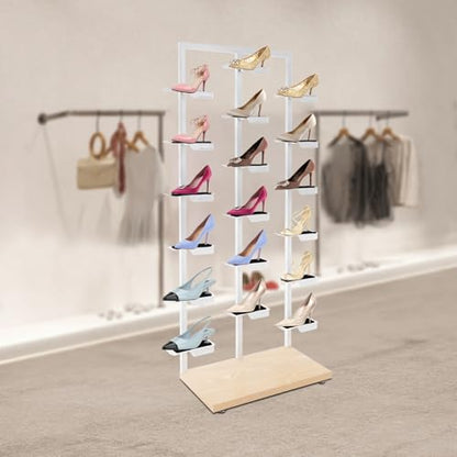 Commercial Clothing Store Shoe Rack Retail Store Shoe Display Shelf Free Standing Shoes Shelf Single Sided Shoes Racks 18 Compartments 24.25lbs Load Capacity (31.5 * 59.06in, White, Wood) - color: White, Wood