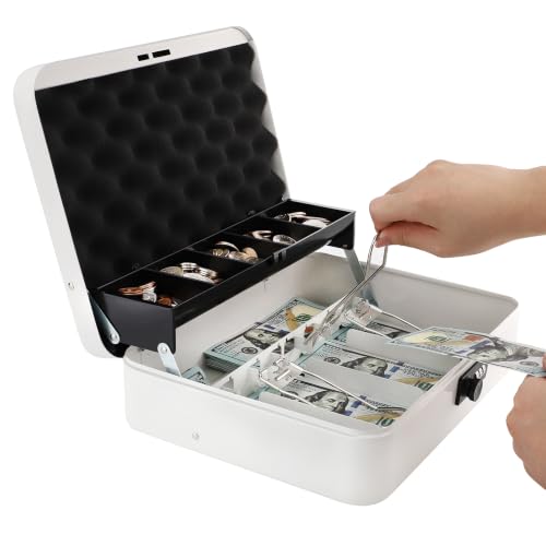 Cash Box with Combination Lock and Money Tray, Durable Metal Money Box for Cash Register, 4 Bill / 5 Coin Slots, Safe Storage for Home & Small Business, 11.8" x 9.5" x 3.5", Cmb-White - color: Cmb-White