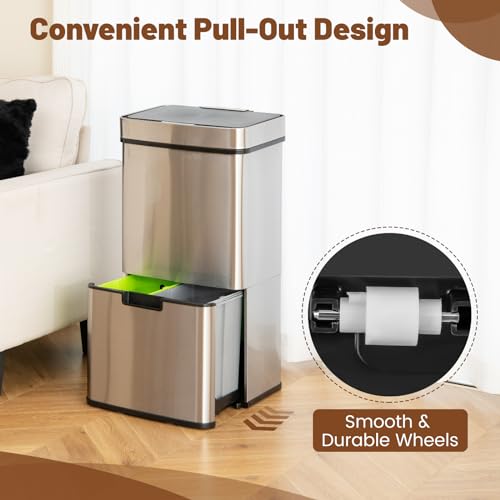 Goplus 19 Gal Motion Sensor Trash Can, 72 L Volume in 4 Containers, Touchless Trash Bin w/Kitchen Waste Bin & 2 Bottom Recycling Bins, Stainless Steel Garbage Can w/Soft Close Lid, Battery Operated - color: Silver, size: 19 Gallon