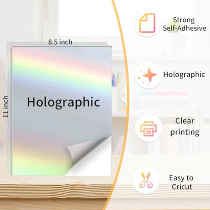 Printable Sticker Paper, 20 Sheets Printable Holographic Sticker Paper, Laser/Inkjet Printing- Holographic, Letter Size (8.5" x 11") - color: Holographic Sliver, size: 8.5" x 11"