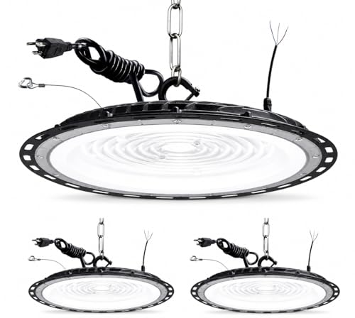 PARMIDA (2 Pack) UFO LED High Bay Light, 150W, ETL, Dimmable 0-10V, 5000K, IP65 Waterproof 19500LM Commercial Bright Shop Light Fixture for Factory, Warehouse, Workshop, Barn with 5' US Plug, US Hook - color: 5000K (Day Light)