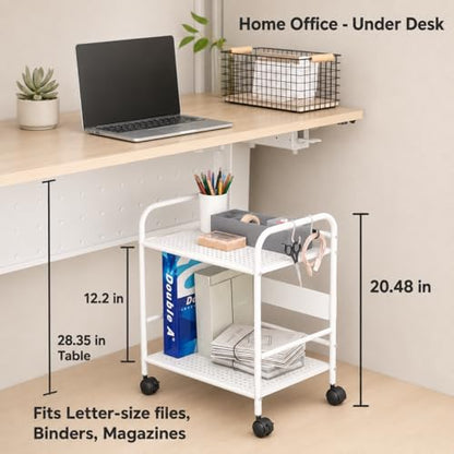 2-Tier Metal Rolling Cart, Compact Under Desk Storage Organizer - color: White