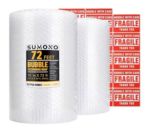 Bubble Cushioning Wrap Roll, Sumono 15 Inch x 72 Feet Total [2 Rolls of 36 Feet] Bubble Roll Perforated 12 Inch Included 20 Fragile Sticker Label - size: 2 Roll: 15inx36ft, Total 72ft