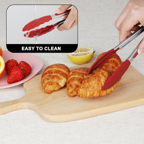 HOTEC Small Silicone Kitchen Tongs 7-Inch Mini Serving Tongs, Set of 3 - color: Red