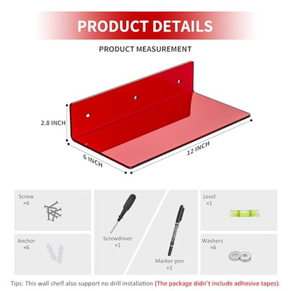Sezanrpt 12 Inches Red Small Wall Shelves, Acrylic Bathroom Floating Shelves for Living Room, Bathroom, Bedroom, 2 Pack - color: Red, size: 12 Inch