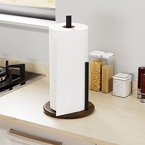Paper Towel Holder Countertop with Real Wood Round Base, Farmhouse Paper Towel Holder Stand for Kitchen Dining Table Home Decor - color: Black Wood