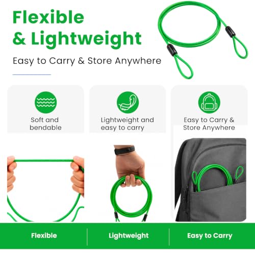 1/8" (3mm) Security Cable Lock 2-Pack, 2m Braided Steel Anti-Theft Cable, Long Flexible Wire Rope for Bike, Gate, Luggage & Outdoor Gear (Green) - size: 2M