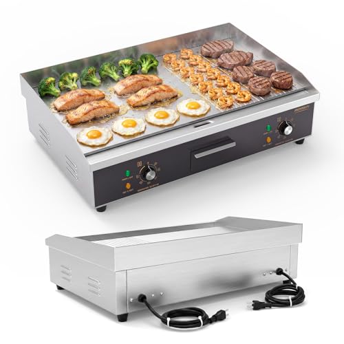 ROVSUN 30" Electric Griddle, Electric Countertop with Half Flat Top Griddle, 3000W Grill Stainless Steel with Adjustable Temperature Control 122°F-572°F for Commercial Home Restaurant, Plug - size: 30"