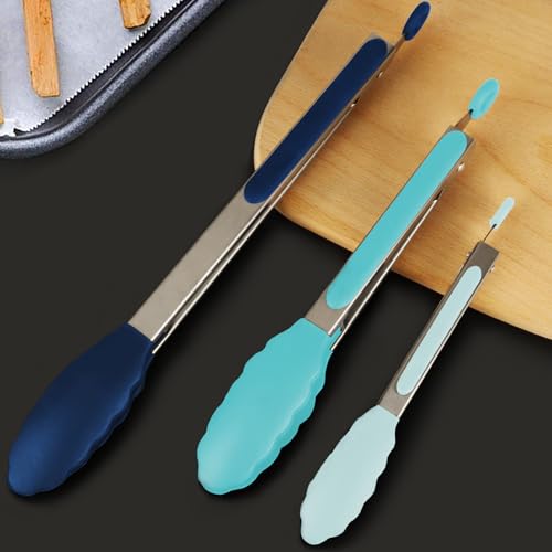 HOTEC Premium Stainless Steel Locking Kitchen Tongs with Silicon Tips, Set of 3-7", 9" and 12" (Gradient Blue) - color: Gradient Blue:12+9+7inch