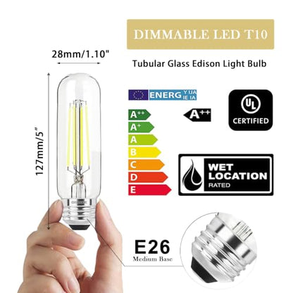 5 Inch Edison Bulb, 5000K Daylight White E26 Led Bulb 6W Dimmable, 800LM T10 T9 Clear Glass Tubular Light Bulbs, AC 120V Equal 80 Watt Bulbs for Chandelier Pendant Wall Light - 2Pack - size: 5 Inch 6W（2 Count)
