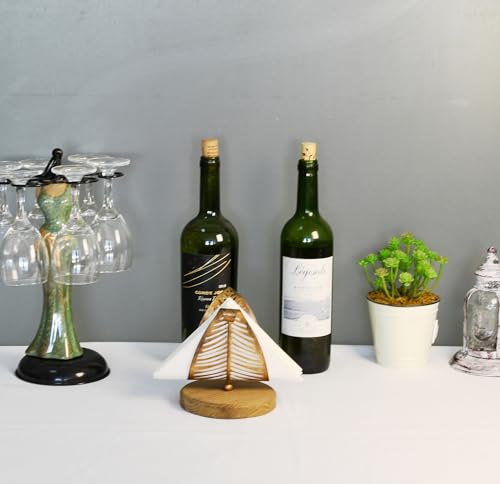 OwlGift Freestanding Modern Napkin Holder w/Bronze Metal Leaf & Brown Wooden Base Design, Tabletop Tissue Dispenser, Napkin Storage Organizer - color: Brown / Bronze